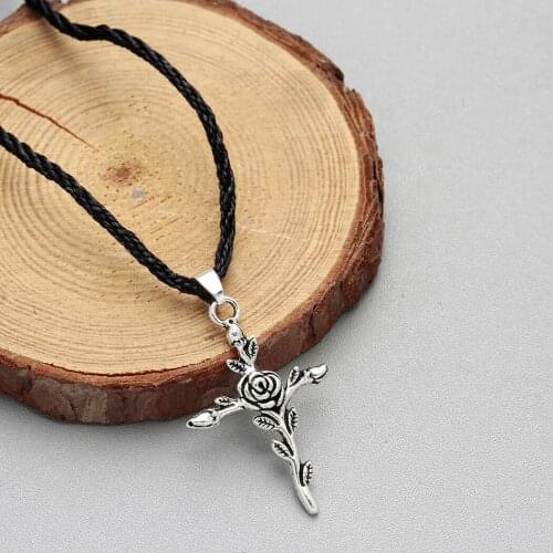 Antique Silver Rose Cross Necklaces for Men Flower Cross Pendant "God Bless" Christian Charm Faith Hope Love Jewelry Gifts