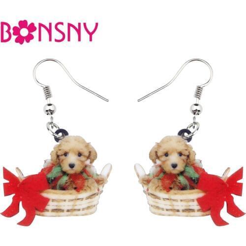 Bonsny Acrylic Cute Basket Puppy Teddy Dog Earrings Big Long Dangle Drop Novelty Animal Jewelry For Women Girls Teen Gift Bijoux