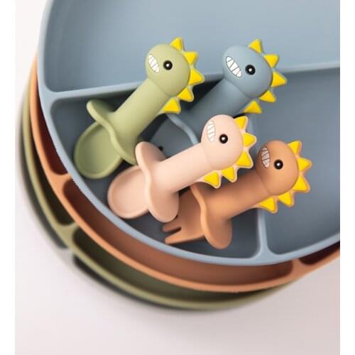 Baby Learning Spoon Fork Set Feeding Utensils Soft Silicone Children Food Feeding training Set Dinosaur Spoon Tableware