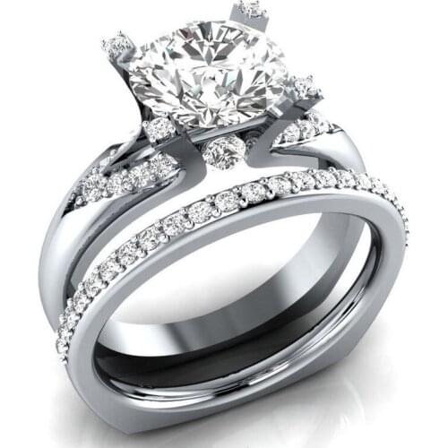 Classic 2 Pcs /Set Fashion Shiny Round White Zirconia Crystal Silver Color Female Ring For Women Party Jewelry Accessories