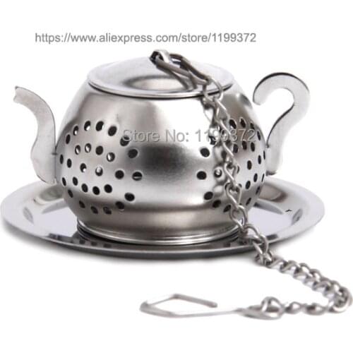 100pcs 304 Stainless Steel Round Teapot Shape Loose Leaf Herb Tea Pot Infuser Strainer Filter with a tray