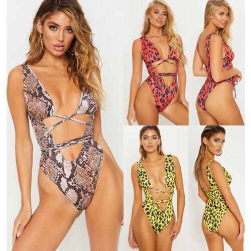 Summer New Sexy Women One Piece Serpentine Leopard Printed Monokini Bandage Bathing Suit Push Up Padded Bikini Swimsuit Swimwear