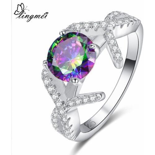Lingmei New Comes Round MultiSea Blue White CZ Silver ColorRing Size 6-9 Tie-Style Popular Wedding Party Jewelry
