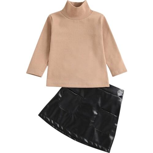 2021 0-4Y Fashoin Kids Girl Clothing Set Solid Color Turtleneck Long Sleeve Top Pullovers+Leather A-line Skirt Autumn 2pcs