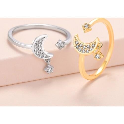 Celestial Moon and Star Open Rings in Gold & White Gold Plated Adjustable Size for Girl Women KPOP Trend 2021