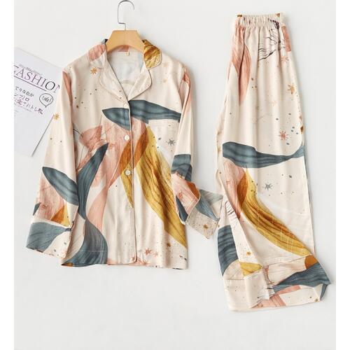 2020 New Womens Pajamas Palm Leaf Printing Pijamas Short Sleeve Pants Pyjamas Loungewear Sexy Sleepwear Home Sleep Set