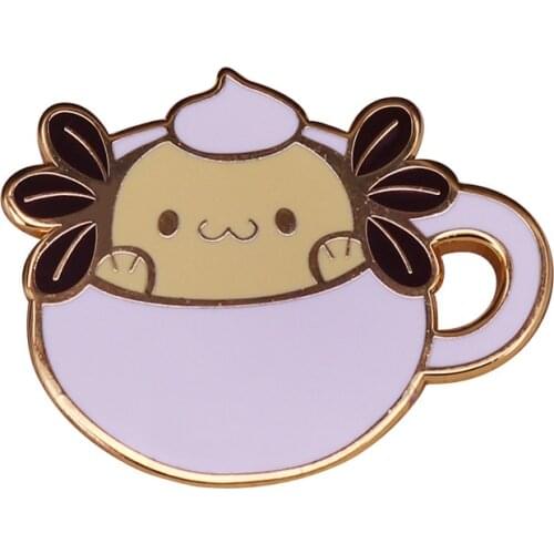 Super cute axolotl coffee cup brooch gift for family and friends who love kawaii stuff