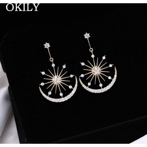 OKILY Gorgeous Women Jewelry Zirconia Star Moon Pendant Earrings Eardrop Temperament Long Geometric Dangle Earrings Gift