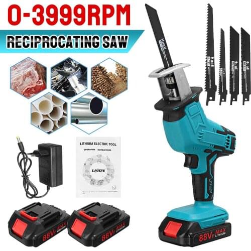 3999RPM 88V Cordless Reciprocating Saw + 4 Saw Blades Metal Cutting Wood Tool Portable Woodworking Cutters with 2 Battery Charge