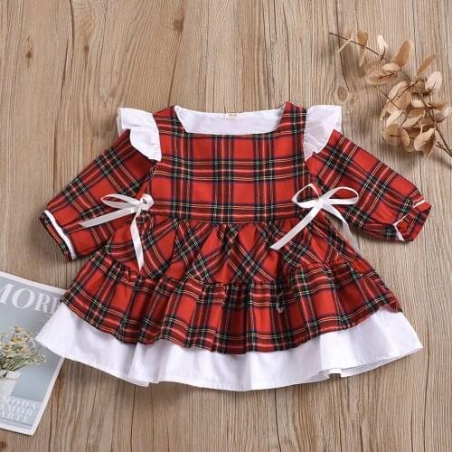 Pudcoco Baby Girl Long Sleeve Dress Plaid Print Lotus Leaf Bow Decoration Cute Princess Costume Cozy Soft Dress 1-6 Years