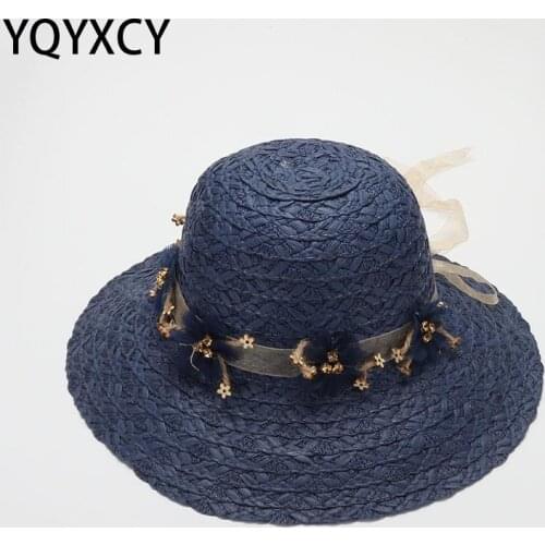 YQYXCY Summer Hats For Women Flower Ribbon Sun Hat Female Suncreen Sunshade Beach Travel Seaside Sunhat Wide Brim Panama Cap New