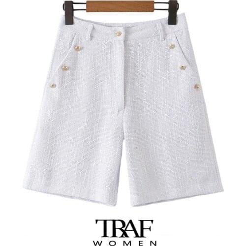 TRAF Za Women Fashion Side Pockets With Buttons Tweed Shorts Vintage High Waist Zipper Female Short Pants Mujer