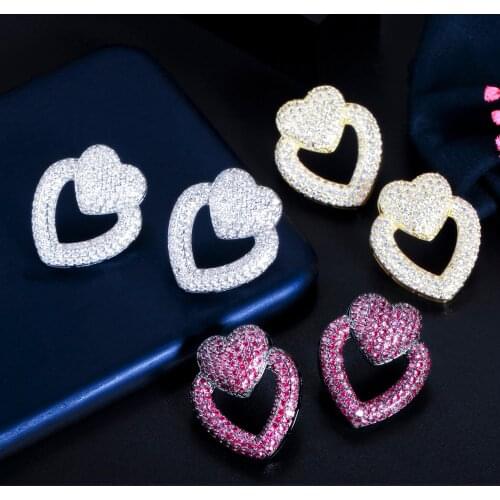 ThreeGraces Unique Mirco Pave Cubic Zirconia Silver Color Double Love Heart Stud Earring for Ladies Korean Tendy Jewelry ER647