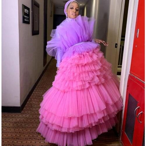 Chic Colorful Ruffles Tiered Tulle Ball Gowns Off The Shoulder Pretty Puffy Mesh Prom Gowns Birthday Formal Party Dresses