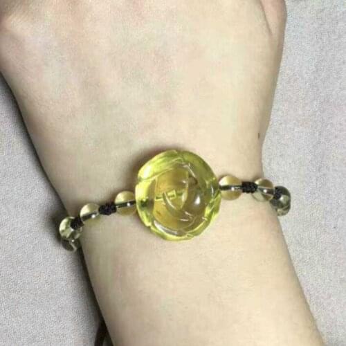 FYJS Unique Handmade Weave Rose Flower Yellow Citrines Crystal Elastic Bracelet for Christmas Gift Jewelry