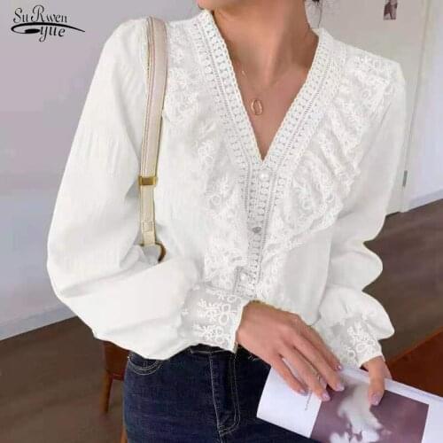 Autumn New Style Fashion Lace Women Shirt Lace V-neck Lantern Sleeve Top Womens Long-sleeved Solid Commuter Blouse Women 16201