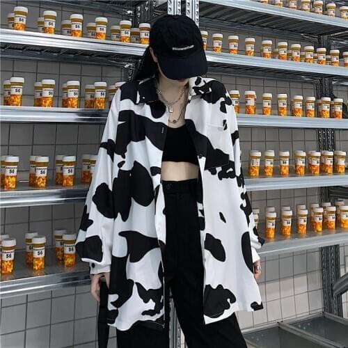 Women Autumn New Fashion Long Sleeve Blouse Shirts Vintage Cow Print Female Loose Blouse Casual Street Lady Korean Plus Size Top