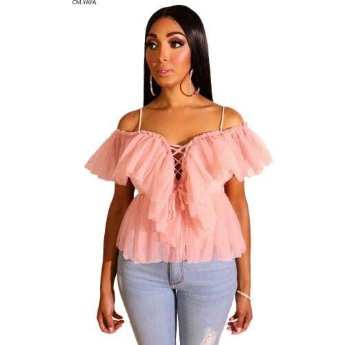 2019 women summer autumn new ruffles spaghetti strap v-neck fashion vintage blouse chiffon shirts casual beach top outfit L0280