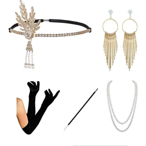 Womens 1920s Accessories Party Earring Headband Necklace Gloves Cigarette Holder Flapper Great Gatsby Costume Accessories Set
