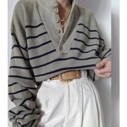 B-TOTO American Retro Gray-green Striped Half-open Collar Knitted Sweater Women Loose Tide Ins 2021 New Fashion