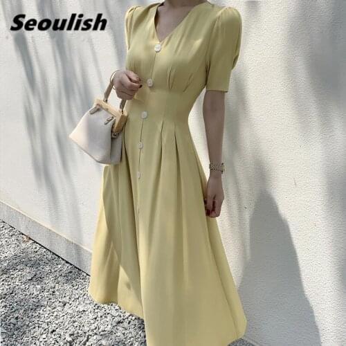 Seoulish 2021 New Stain Single Breated Long Shirts Dresses Vintage V-Neck Short Sleeve High Waist Straight Female Dress Summer
