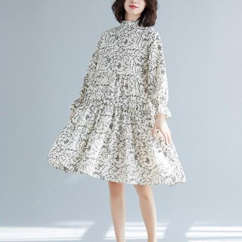 Spring Autumn Women Dress Printed Flower Long Sleeve Knee-length Chiffon Dress Loose Causa Elegant Dress