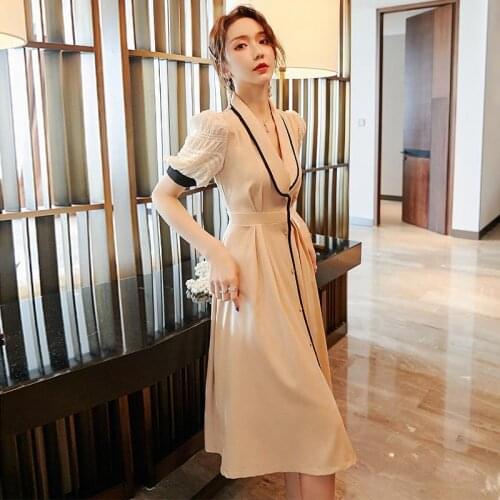 2021 Women Spring Summer Casual Loose OL Dresses Female V-neck Pleated High Waist Puff Sleeve Dress Ladies Elegant Vestidos D691