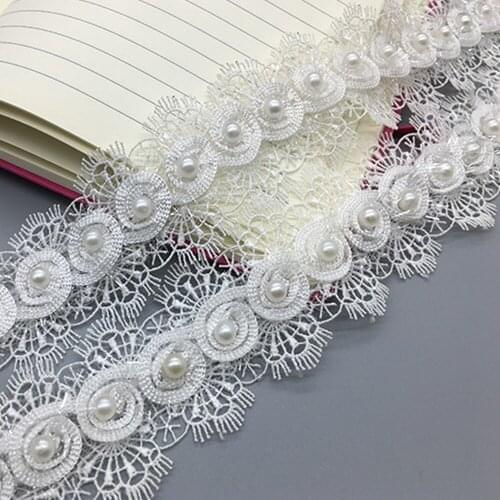 1 yard white fabric beaded applique embossed trim lace ribbon DIY princess costume wedding sewing accessories african sewing