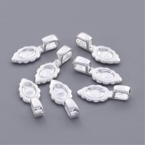 10pcs Leaf Shape Brass Glue-on Flat Pad Bails for DIY Pendants Jewelry Making Silver Color 16x6.5x1.5mm Hole: 3x2mm