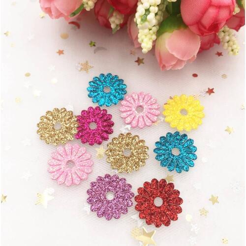 100pcs Glitter Mix Paillette Leather Mini Chrysanthemum Applique Patches Wedding DIY Hair Clip Accessories Craft Supplies E121