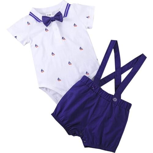 2021 Fashion Romper Newborn Infant Baby Boys Gentleman tie Ship Print Romper Straps Shorts Set Outfits baby boy Summer clothes