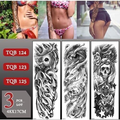 3 pcs/lot Waterproof Temporary Tattoo Sticker For Men Women Evil Eye Realistic Skull Rose Flower Body Art 3D Fake Tattoos