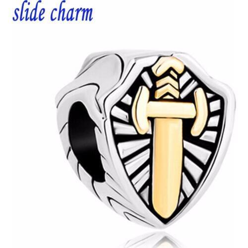 Slide charm Free shipping religious knight sword shield gold cross charm beads fit Pandora bracelet