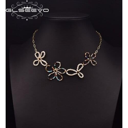 GLSEEVO Natural Freshwater Pearl Big Flower Clavicle Chain Colorful Gemstone Necklace Womens Luxury Jewelry Jewelry GN0297