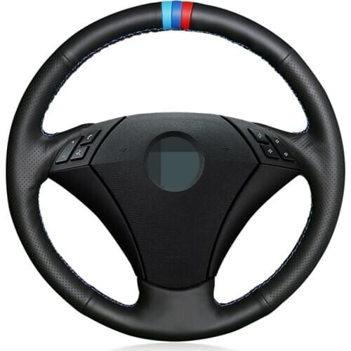 Car Steering Wheel Cover Hand-stitched Black Genuine Leather Suede For BMW E60 (Sedan) 530d 2003-2009 E61 (Touring) 2004-2009