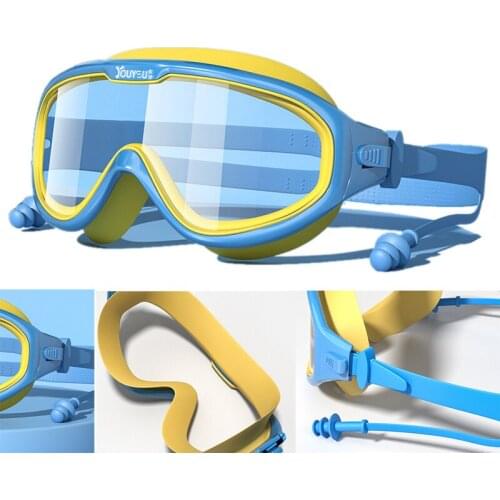 Large Frame Kids Swimming Goggles with Ear Plug Boys Girls Waterproof Anti Fog Swim Glass for Children Clear Lens