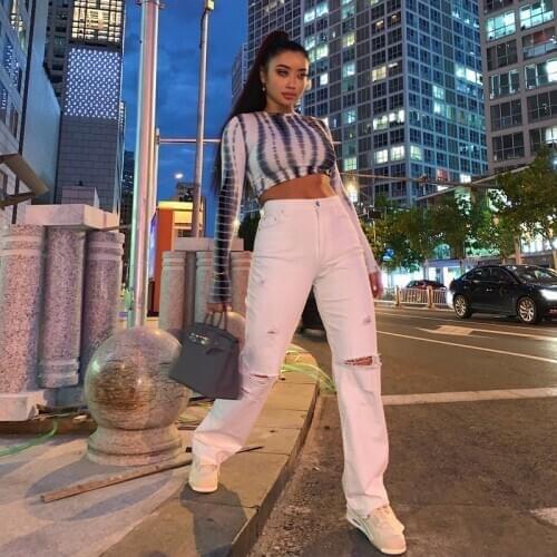 2 Colors Black And White Street Style Cut Torn Raw Edges Straight Washed Twill High-Waisted Denim Trousers