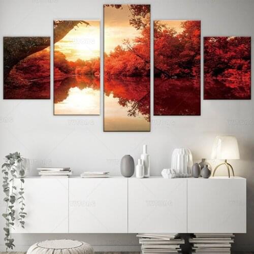 Red Maple Leaf Picture 5 Pieces Natural Lake Scenery Canvas Posters Wall Art Painting for Living Room Home Decoration