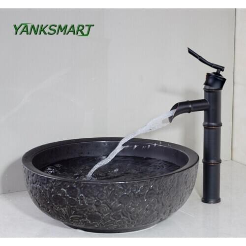 YANKSMART Flora Ceramic Bathroom Washbasin Sink Counted Top Washroom Vessel Vanity Sink + ORB Faucets Combo Set Mixer Water Tap