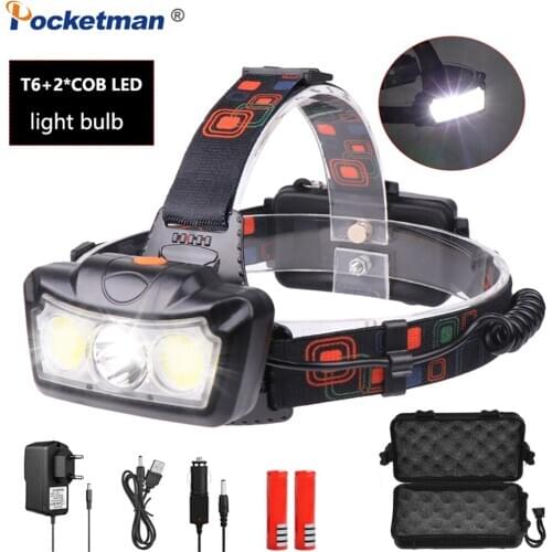 Powerful LED T6 COB Headlamp Powerful Bright Headlight Waterproof Head Torch Adjustable Headlamp with Rechargeable 18650 Battery