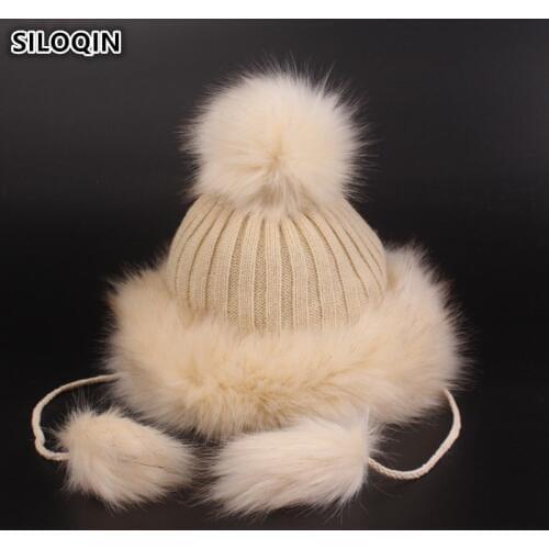 SILOQIN New Womens Hat Thick Warm Beanie Novelty Rabbit Fur Knitted Hats Winter Personality Girls Ski Cap Beanies Earmuff Caps