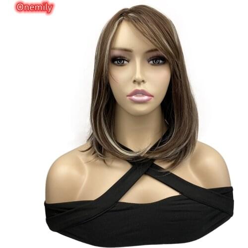 Onemily Shoulder Length Straight Bob Wig with Bangs Heat Resistant Fiber Synthetic Women Daily Wear Wigs Brown Blonde Mix