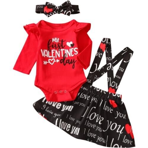 My First Valentines Day Festive Clothing 0-12M Infant Newborn Girl Long-sleeved Romper Suspender Dress Bow Hairband