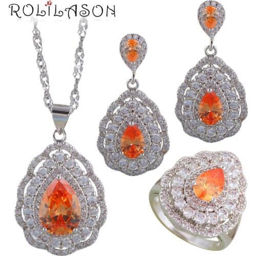 ROLILASON Champagne Zircon Water drop Silver filled 925 stamped Birthday Jewelry Sets Earrings Necklace rings JS702