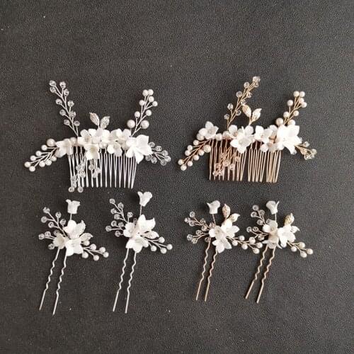 SLBRIDAL Handmade Rhinestone Pearls Ceram Flower Bridal Hair Comb Hair Pin Set Wedding Headpieces Women Jewelry Hair Accessories