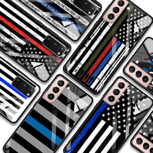 Thin Blue Line American US Flag Phone case For Samsung S21 S20 Ultra Plus FE S10e Lite S10 S9 S8 plus Glass Bumper Soft Fundas