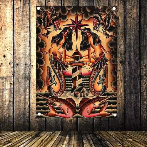 Last Port Vintage Banners Flag 4 Gromments in Corners Canvas Painting American Neo Traditional Tattoo Gun Art Poster Tapestry
