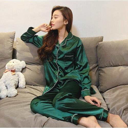 2 Piece Autumn Women Sleepwear Faux Silk Satin Pajamas Set Long Sleeve Sleepwear Pajamas Suit Female Homewear Bride Gifts