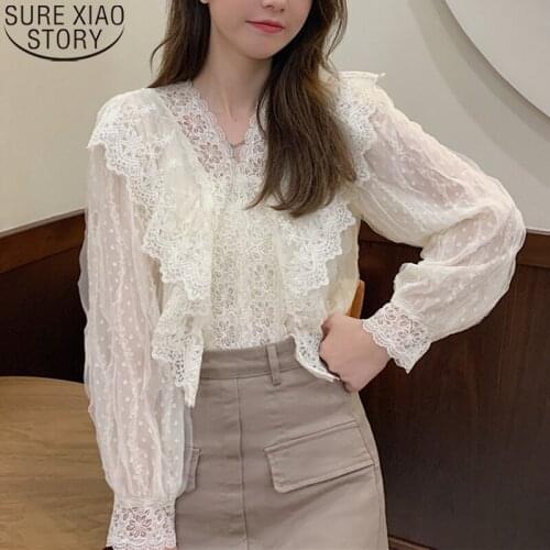 Women Blouses Hollow Out Lace Shirts Autumn New French Style V-neck Ruffles Tops Long Sleeve Blusa Maujer Casual Clothes 17061