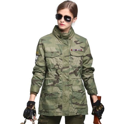 Spring And Autumn Women Stand Collar Hooded Camo Hunting Clothes Outdoor Camping Climbing Combat Jacket Mid-Length Hiking Jacket